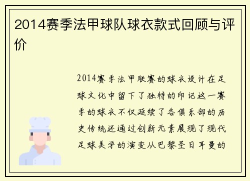 2014赛季法甲球队球衣款式回顾与评价